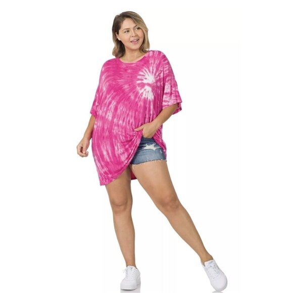 Zenana Outfitters Pink Tie Dye Round Neck Short Sleeve Top Plus Size 2X - Picture 1 of 4